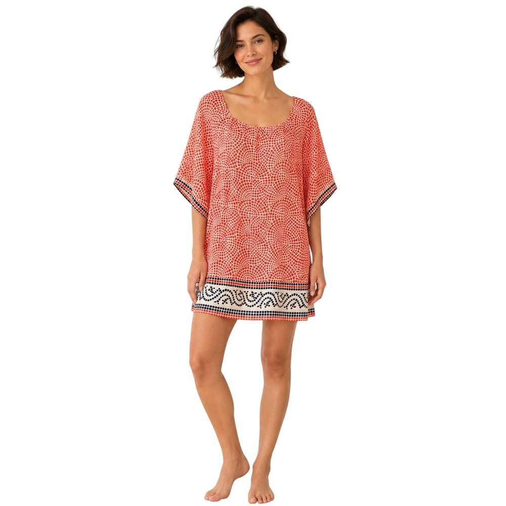 Tolani 100% Silk Mosaic Print Tunic Mini Dress S Coral Navy Resort Boho